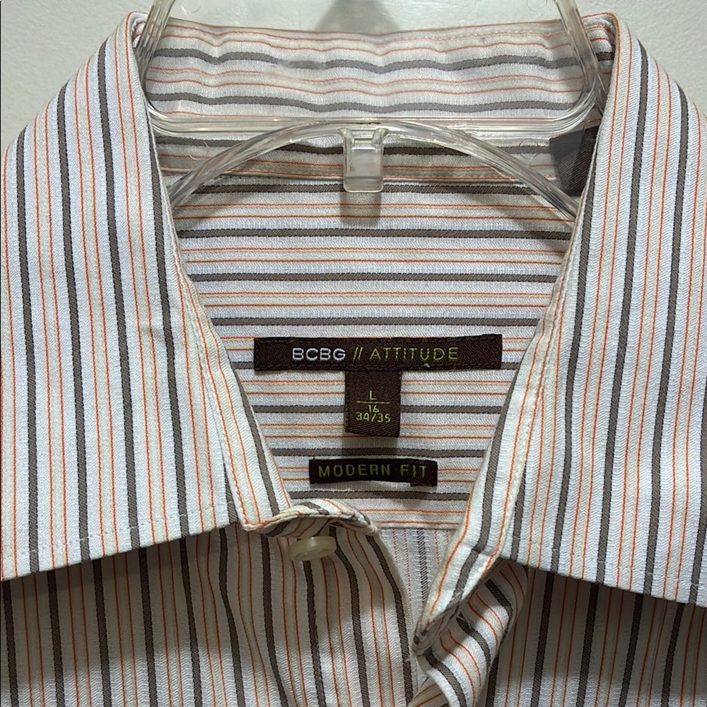 BCBG Attitude Large Men's Striped Shirt - White and Brown modern fit size large